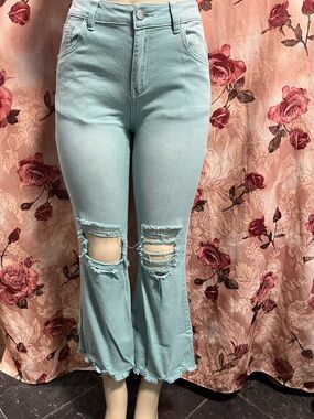 High-Rise Distressed Flare Jeans - Light Aqua